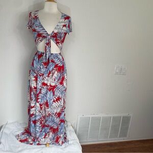 Style Rack Red Blue Floral Tie Front Cutout Jersey Maxi Dress Size Small Boho